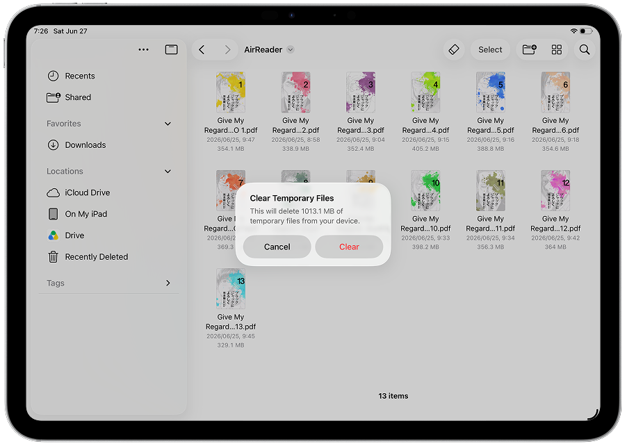 iPadでキャッシュ削除を確認するダイアログのスクリーンショット
